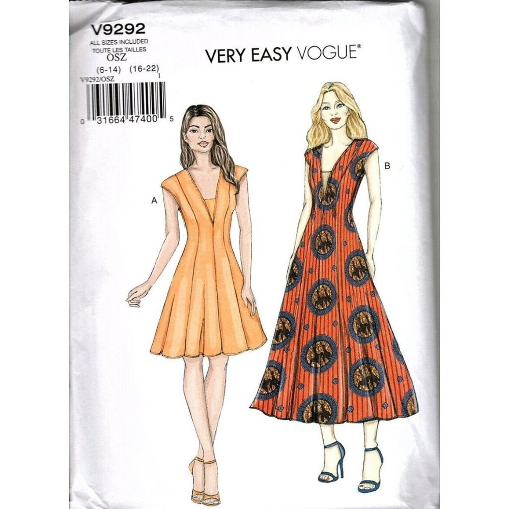 Very Easy Vogue V9292 Misses 6 to 22 Princess Seam Dress Uncut Sewing Pattern